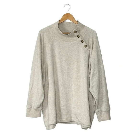 J. Crew Wide Button Collar Mock Neck Pullover Top, Heathered Oatmeal Tan 3X Plus - Picture 8 of 9